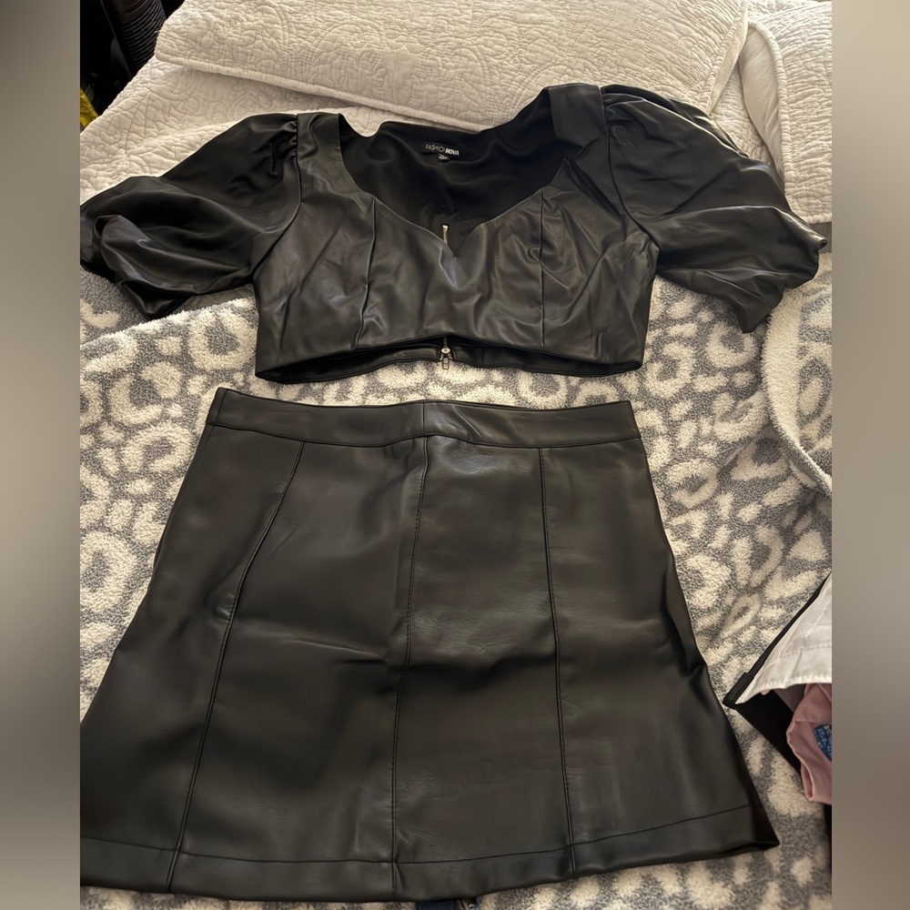 Black Faux Leather Crop Top and Skirt Set